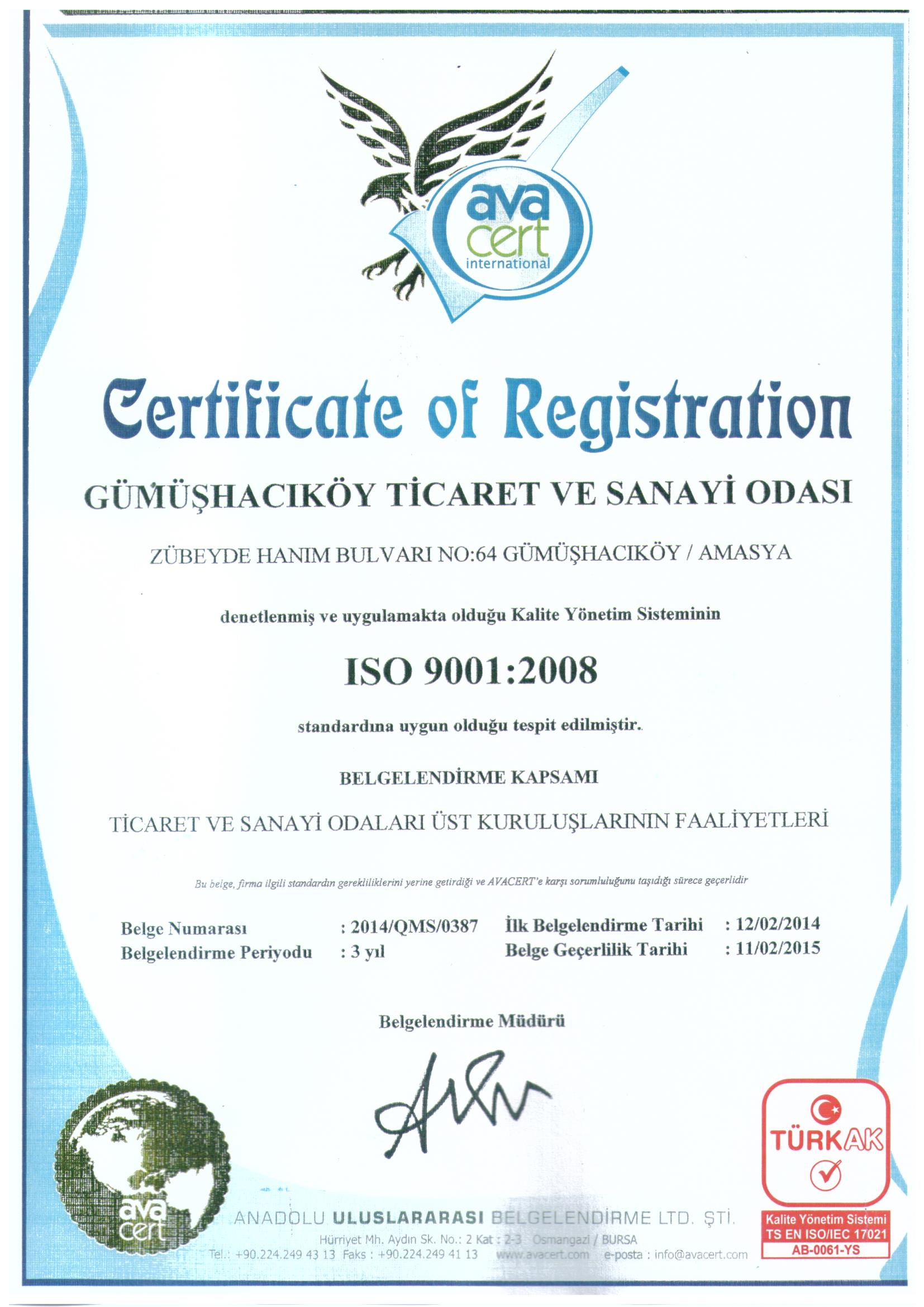 GÜMÜŞHACIKÖY TSO ISO 9001-2008