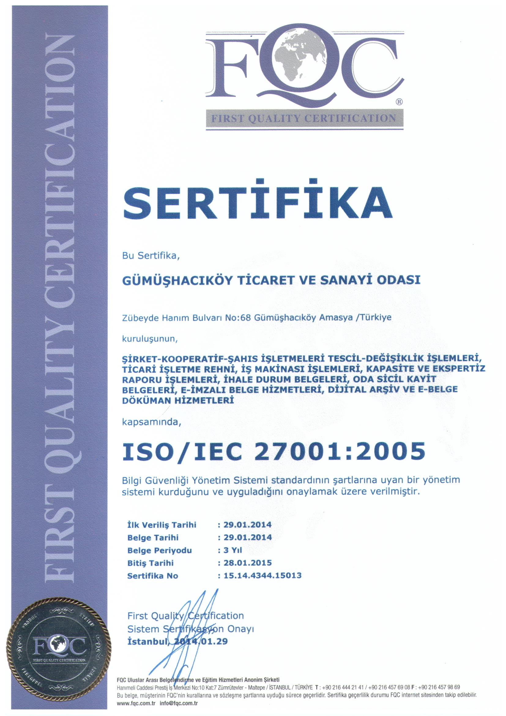 GÜMÜŞHACIKÖY TSO İSO 27001-2005 BELGESİ